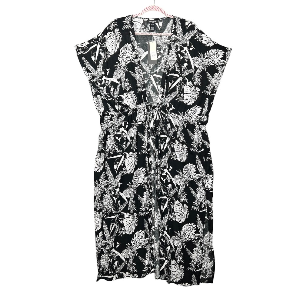 NWT Anna Cai Swim Cover Up Women One Size Black Tropical Palm Leaf Tie Front New